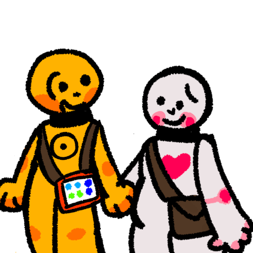 a yellow person with the disability sun on their chest holding the hand of a shorter, chubby white person with a pink heart on their chest. The yellow person has an aac device strapped on while the Caregiver has a brown bag.